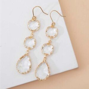 Gold-toned clear crystal glass dangle tear drop statement earrings